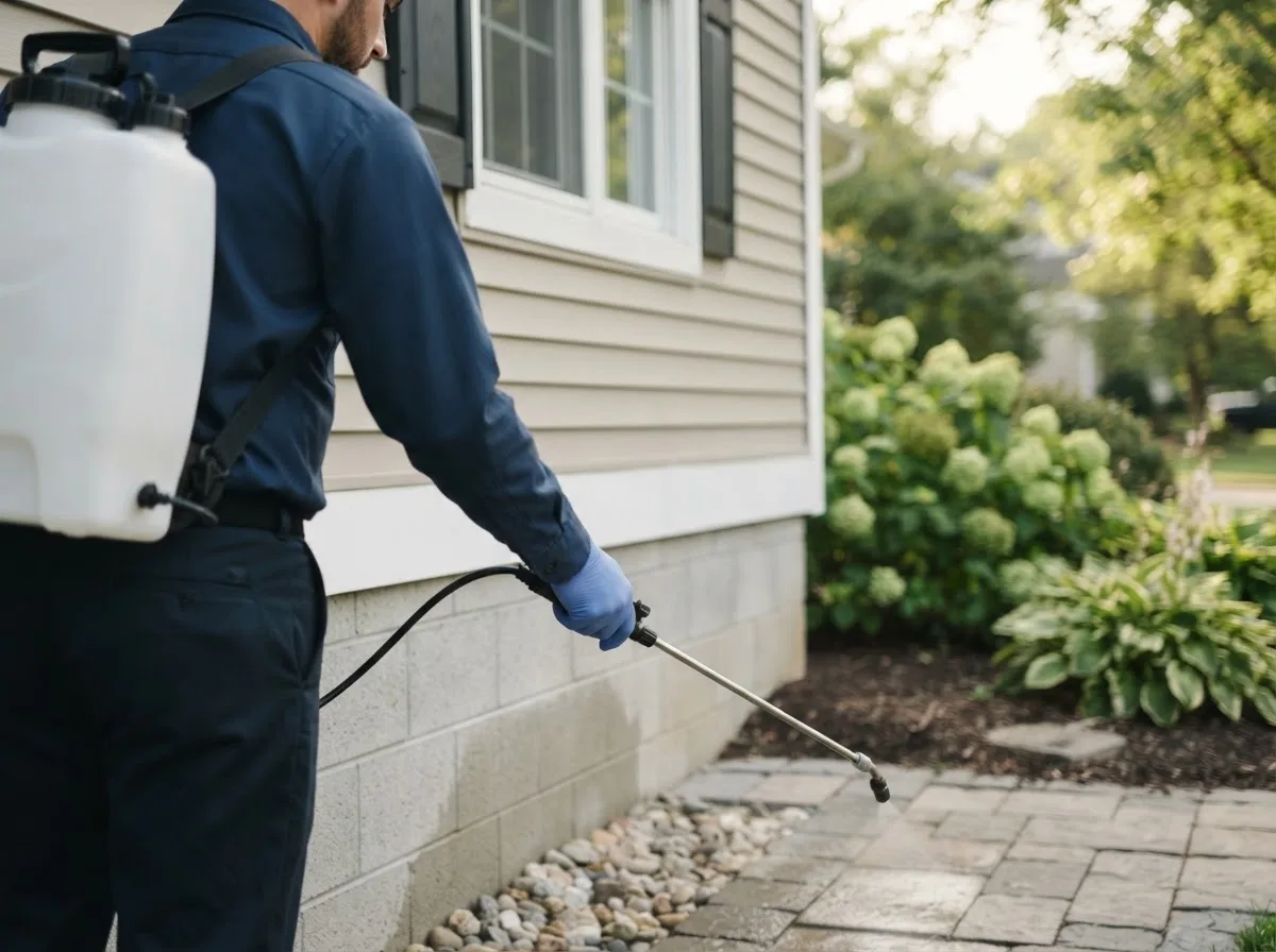 Pest control technician inspecting a home in Central Square, NY